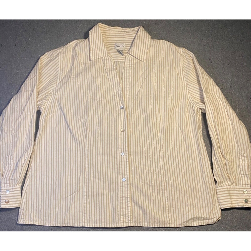 CHICOS Sz‎ 3 BLOUSE Shimmer Striped LONG SLEEVE Button Up Shirt WHITE